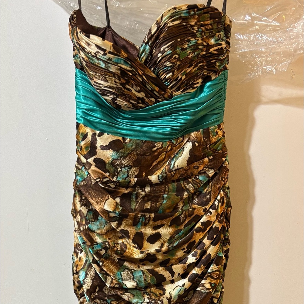 Night Moves Turquoise and Brown Animal Print Dress